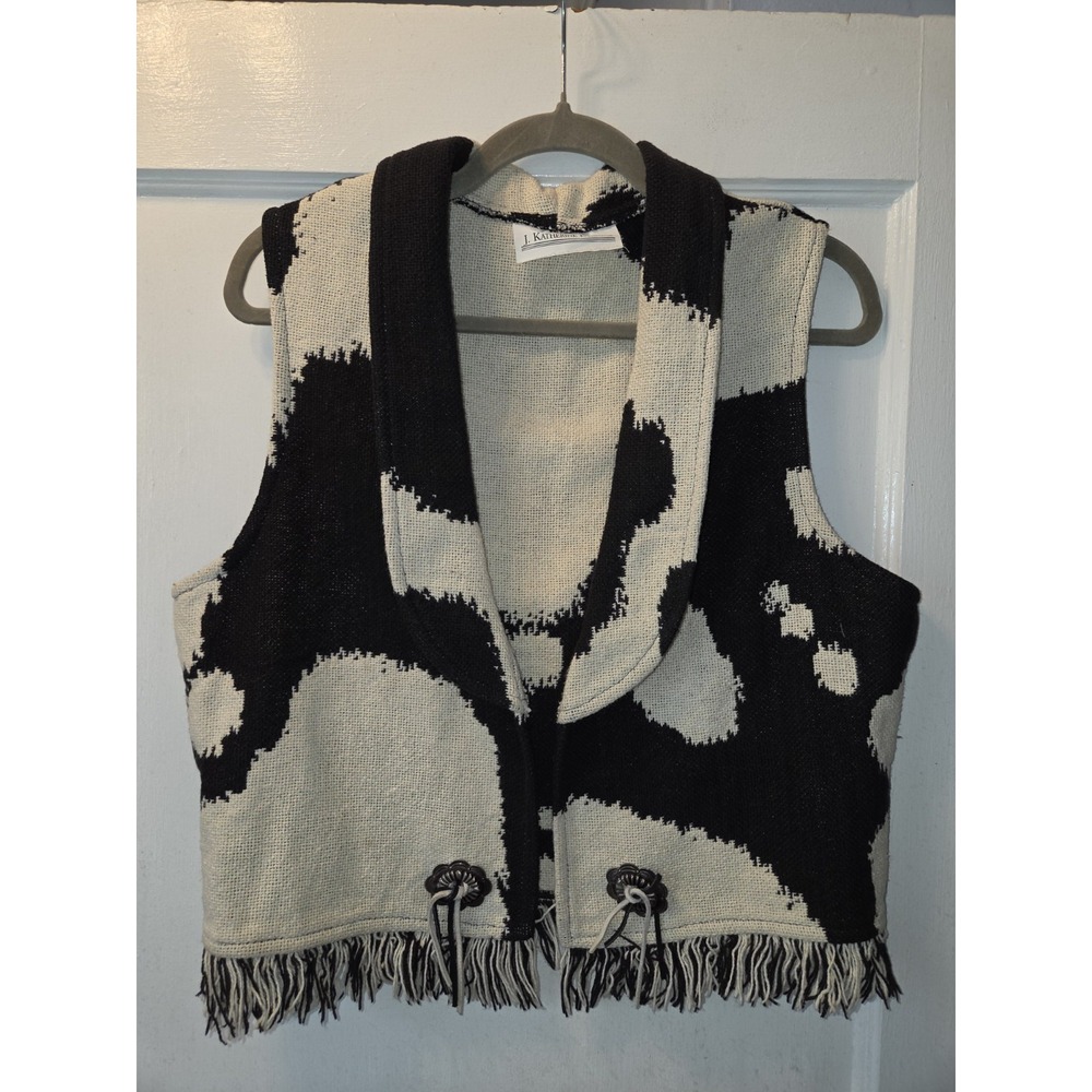 Vintage 90's J. Katherine Designs Women's Cow Print Fringe Open Blanket Vest . M